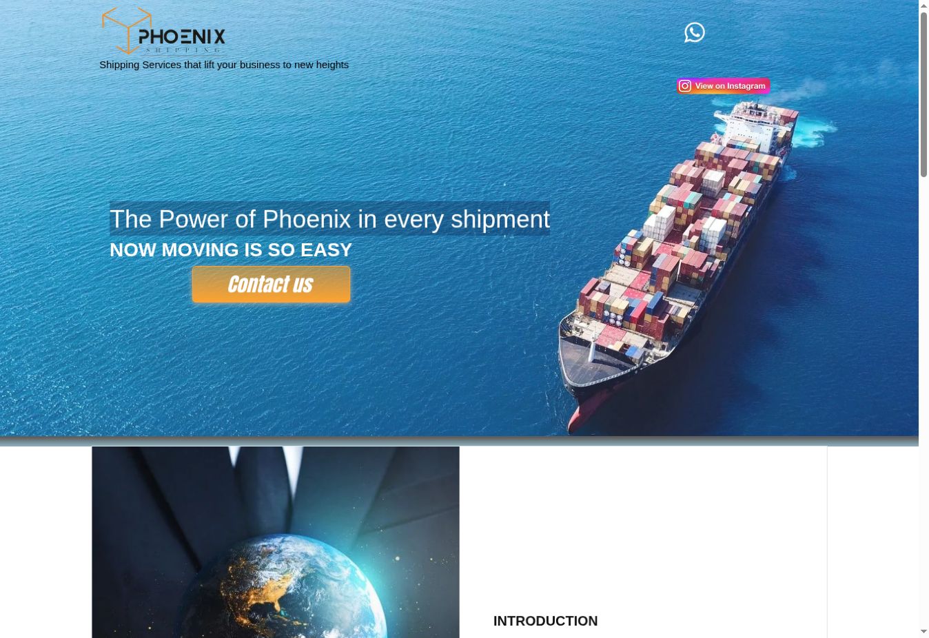 Phoenix Shipping homepage with a cargo ship and contact call to action